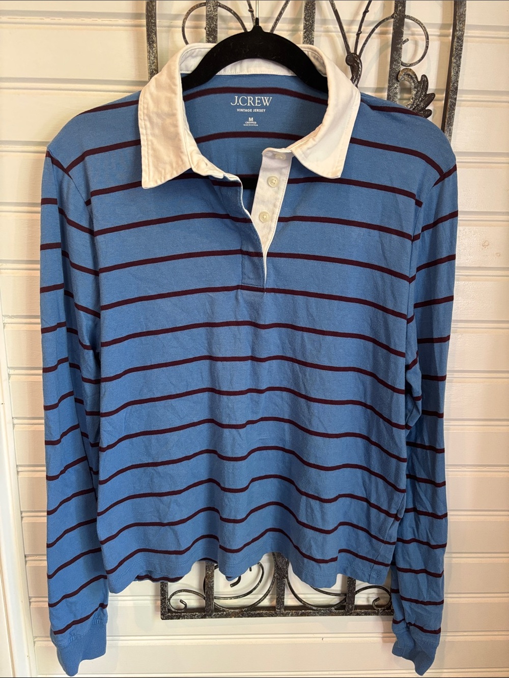 J. Crew Blue Vintage Crop Rugby Polo with Mahagony Stripe and White Collar